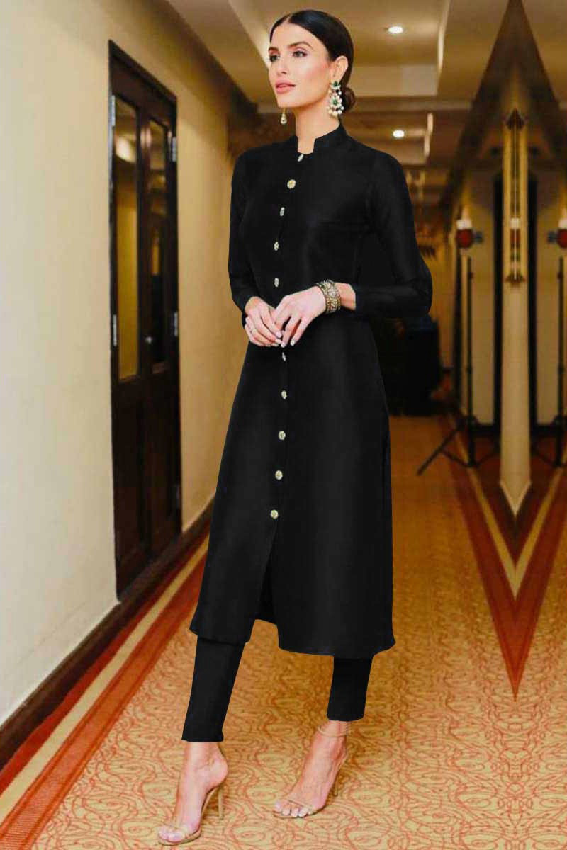 Buy Taffeta Silk Cigarette Pant Suit In Black Colour Online - LSTV03436- Black