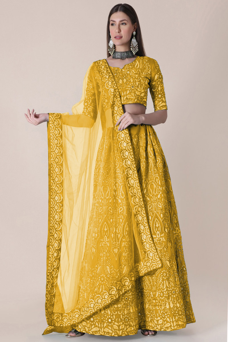 Trombone Yellow Taffeta Silk Embroidered Lehenga