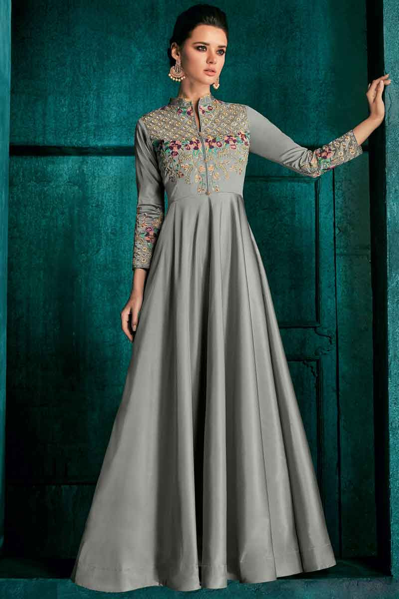 Buy Taffeta Silk Light Grey Resham Designer Gown Online - LSTV03416