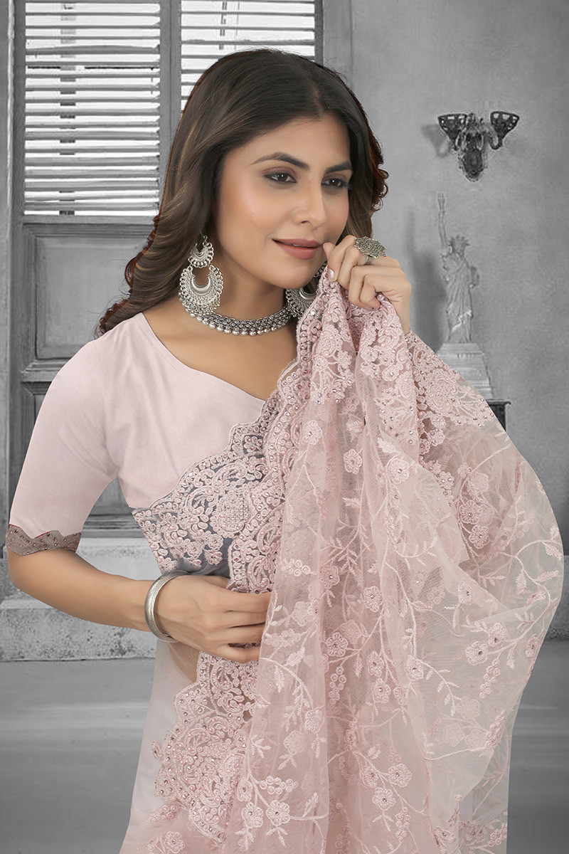 Fashion Blouses Embroidered Net Blush Pink Saree SARV143393