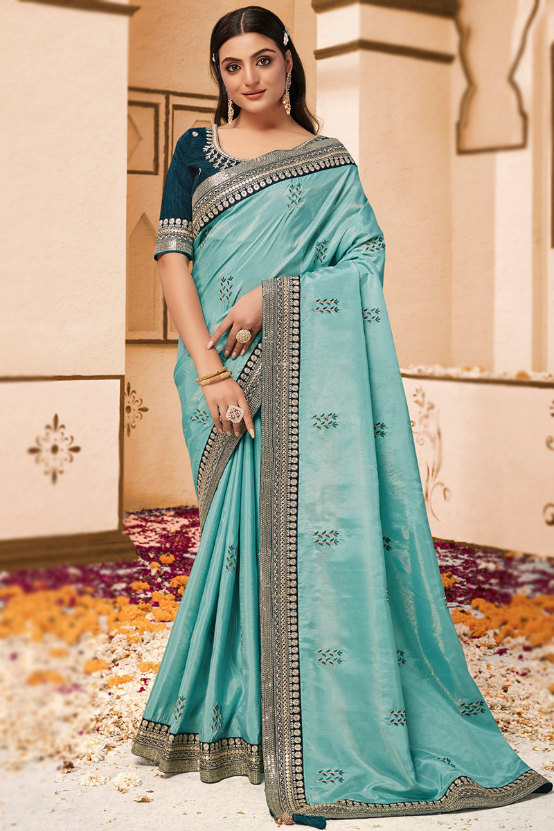 BE Dhannu Present Rama Teal Colour Saree With Beautiful Design Blouse  Indian Designer Saree Ready To