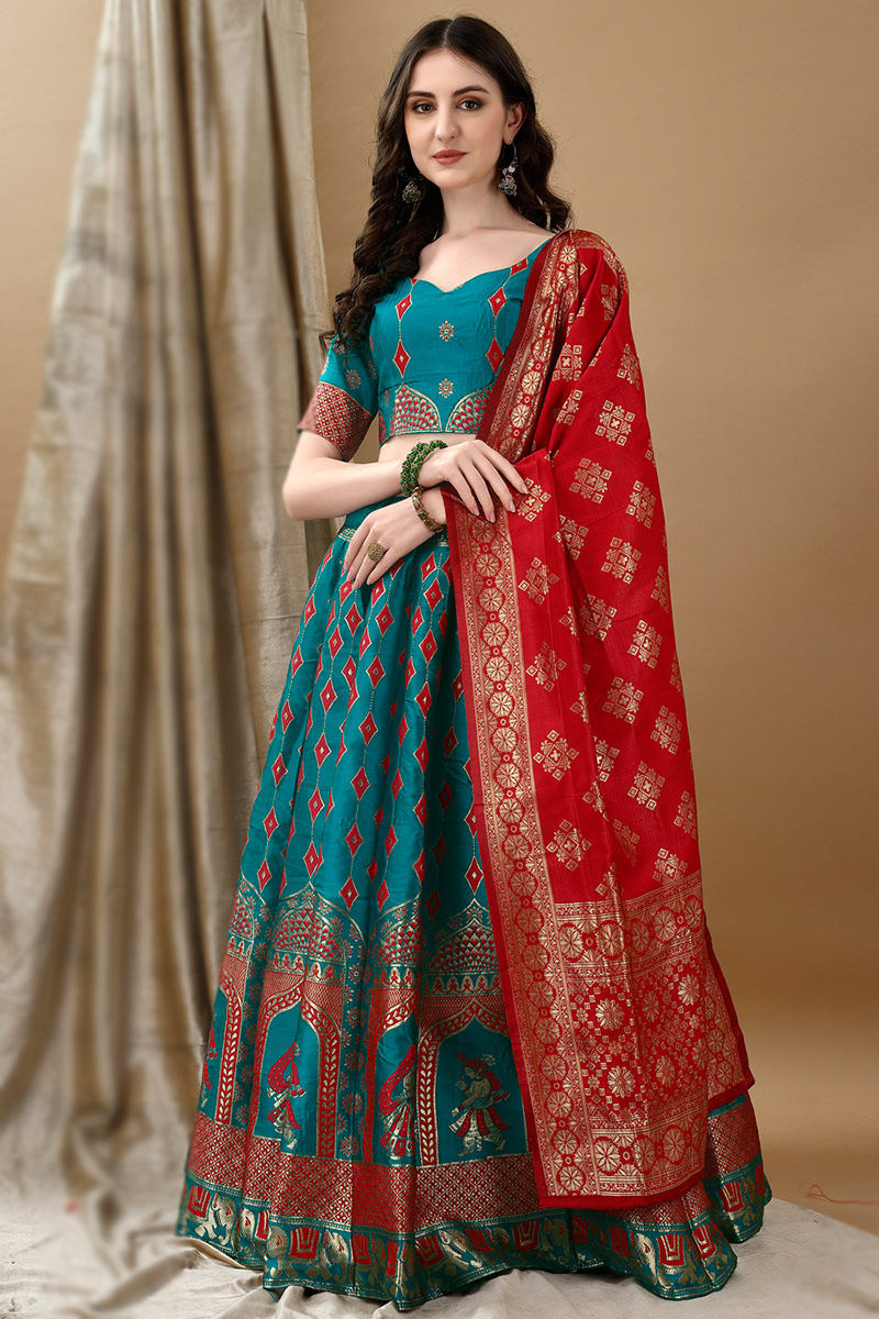 Teal Blue Art Silk Woven Zari Panelled Style Lehenga