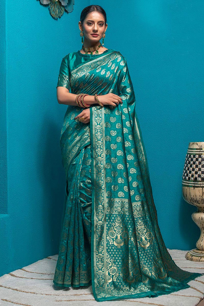 teal blue banarasi silk wedding wear saree sarv113927 1 1