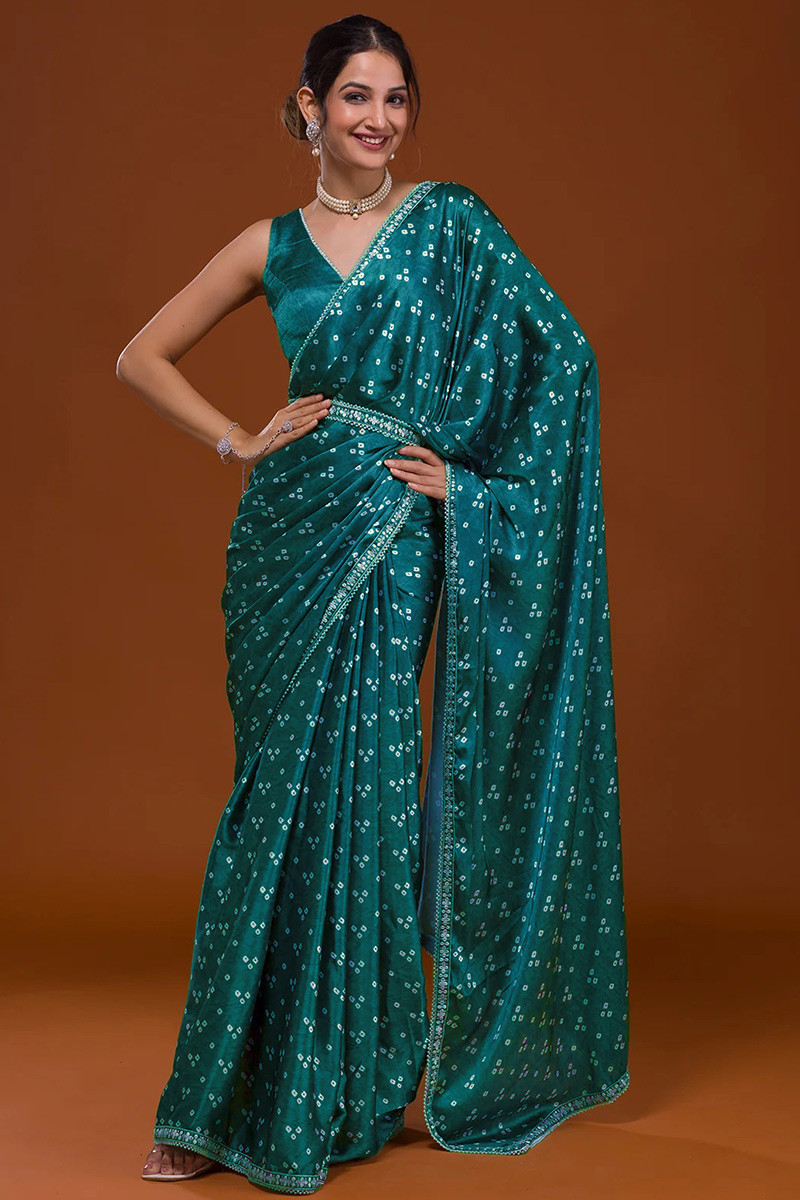 Blue Bandhani Printed With Embroidered Border Georgette Saree