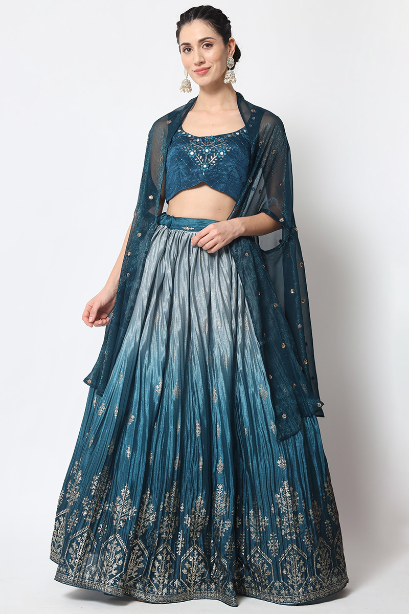 Teal Blue Chinnon Fancy Lehenga
