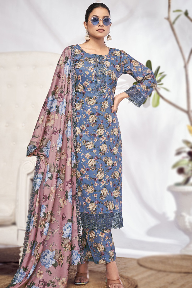 Teal Blue Cotton Floral Print Casual Wear Trouser Suit
