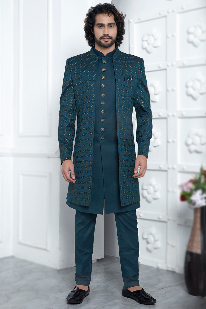Teal Blue Cotton Silk Men s Sherwani With Embroidered Jacket MSTV03912
