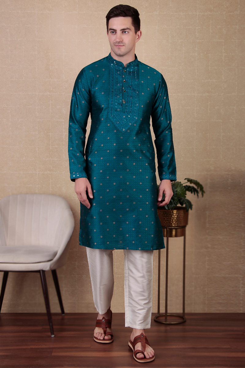 Teal Blue Dupion Silk Embroidered Straight Cut Men's Kurta Pajama