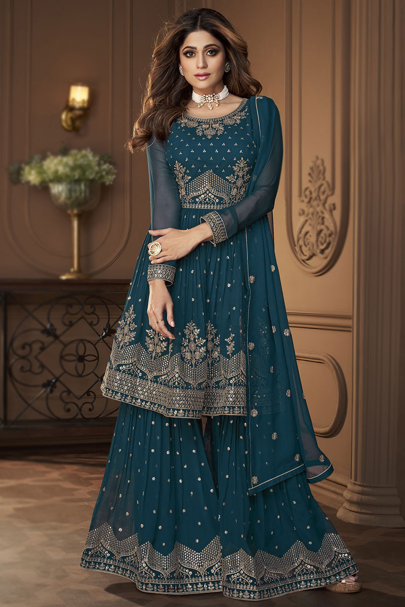 Teal Blue Georgette Frock Style Sharara Suit