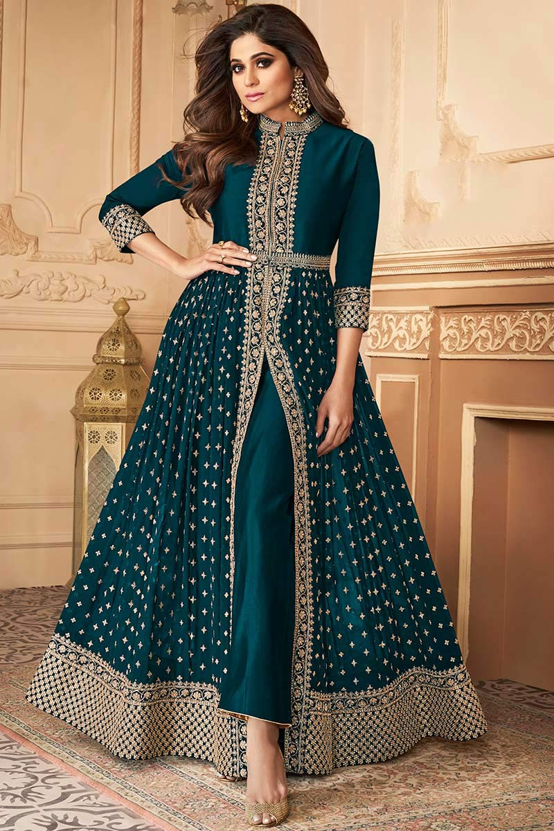 Fashionable Peacock Blue Anarkali Suit with Zari work LSTV08337