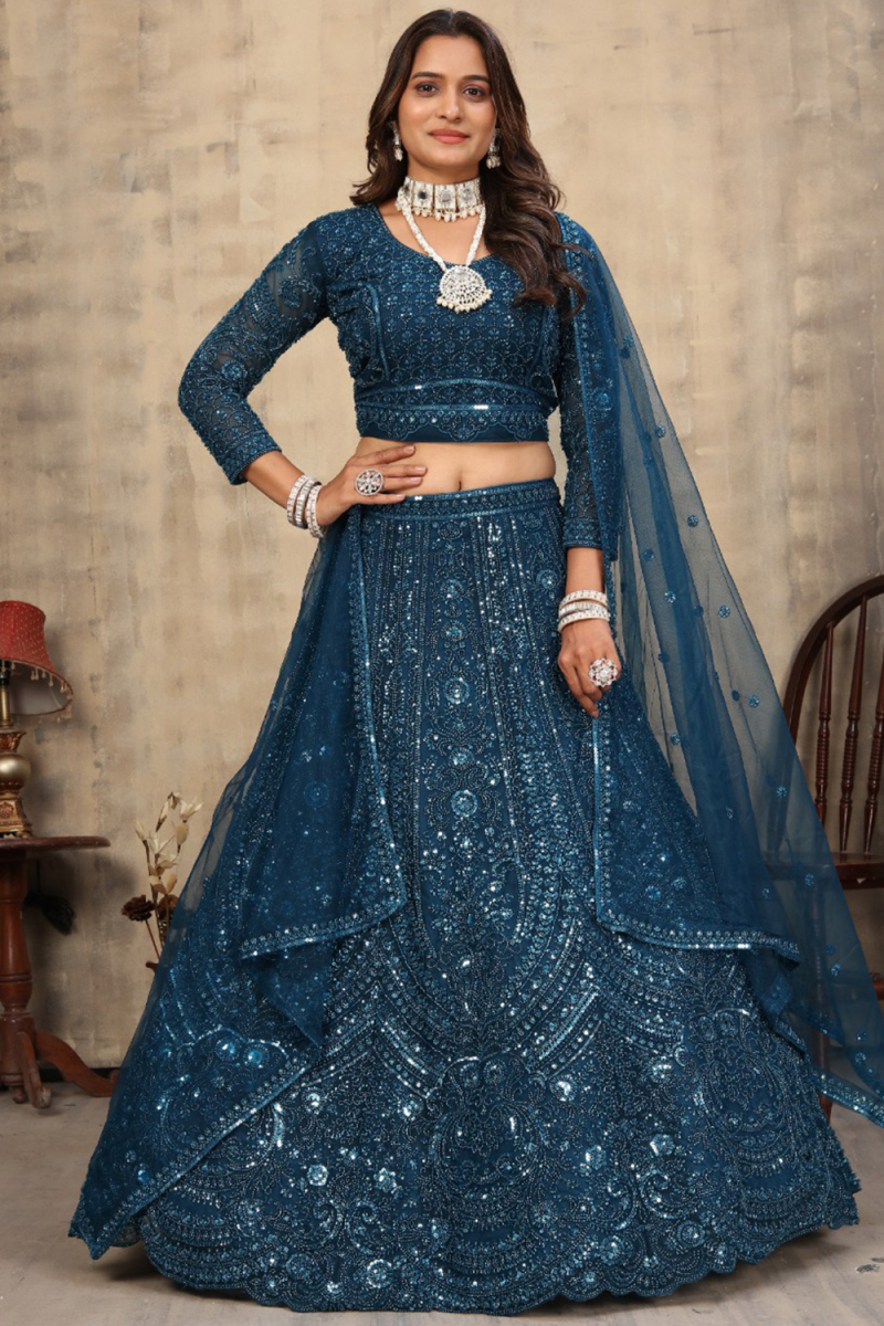 Teal Blue Net Lehenga With Sequins Work For Weddings