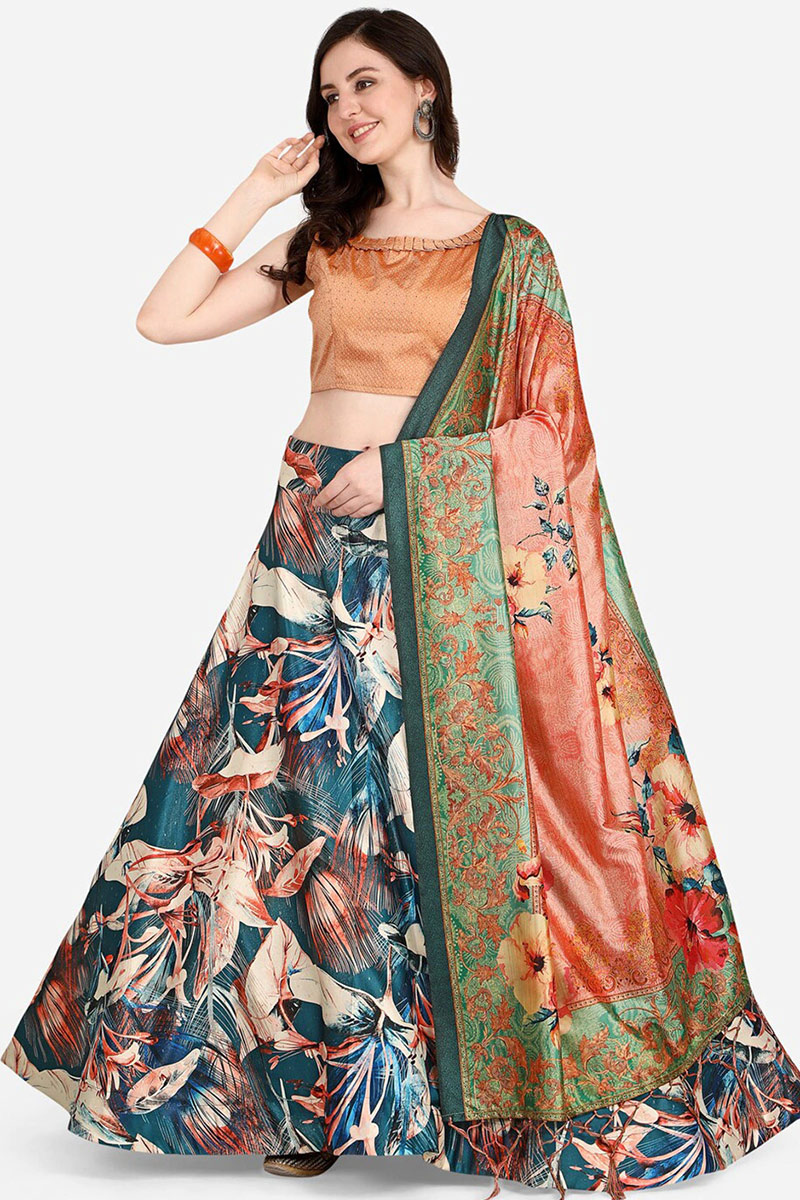 Teal Blue Printed Satin Silk A Line Lehenga