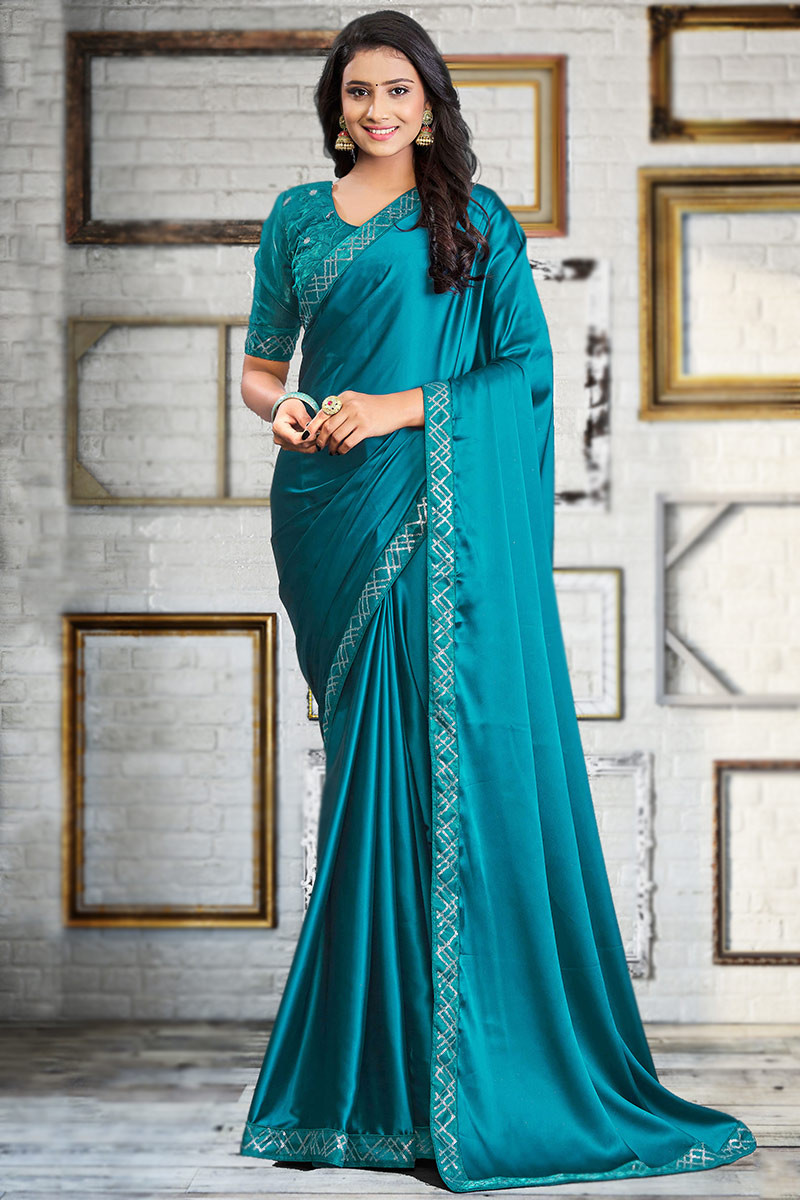 Teal Blue Satin Indian Party Wear Saree