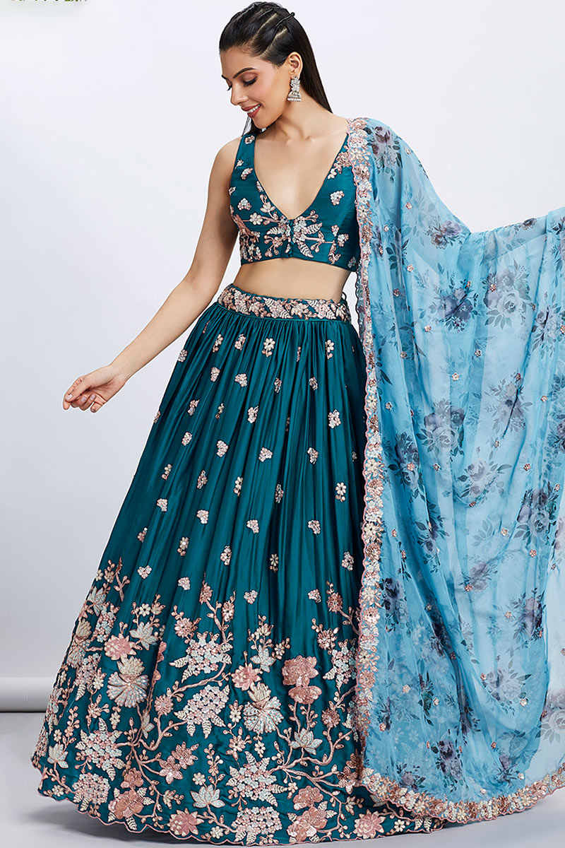 Teal Blue Sequins Embroidered Satin Party Waer Lehenga 