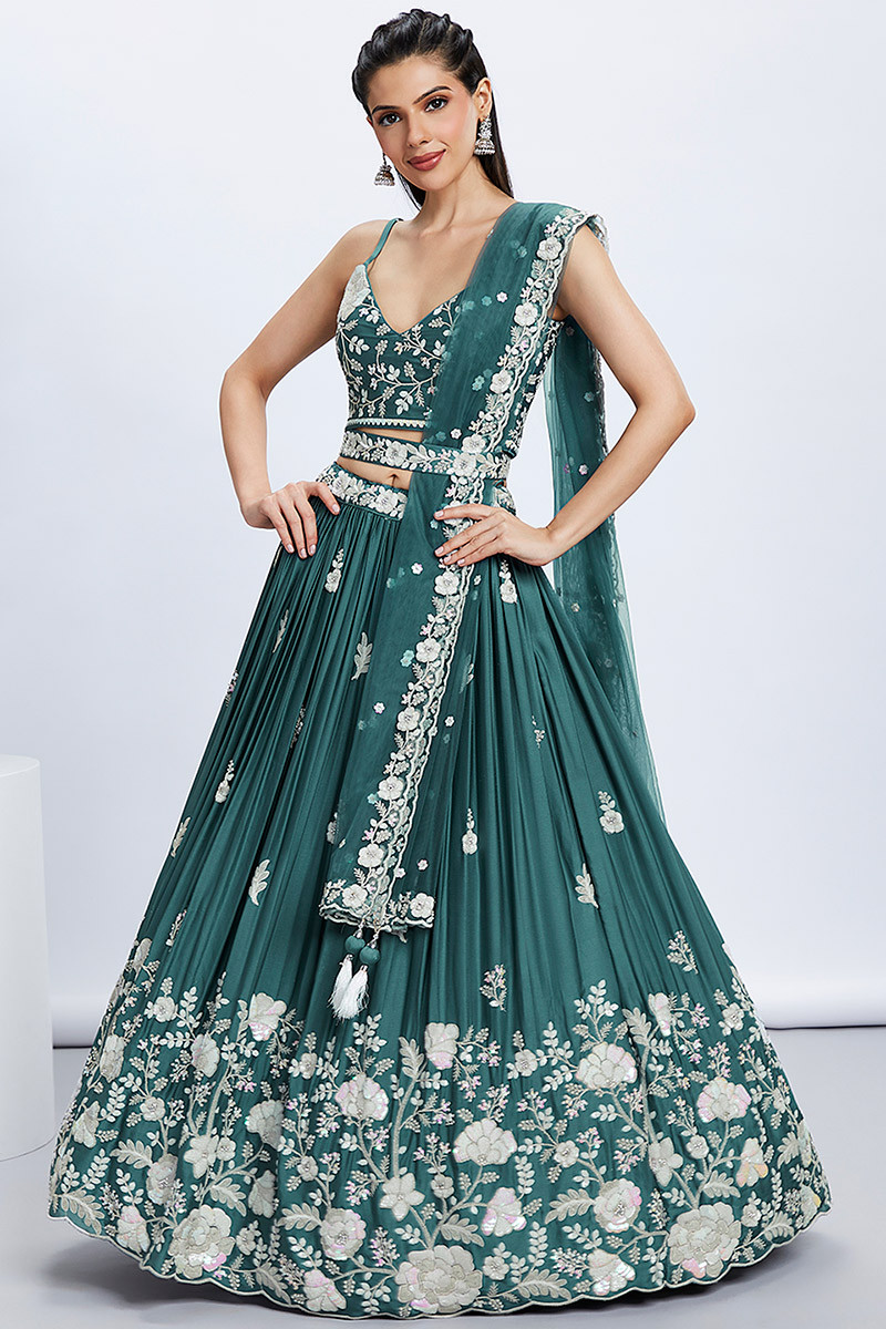 Teal Blue Silk Sequins Embroidered Engagement Lehenga LLCV118327