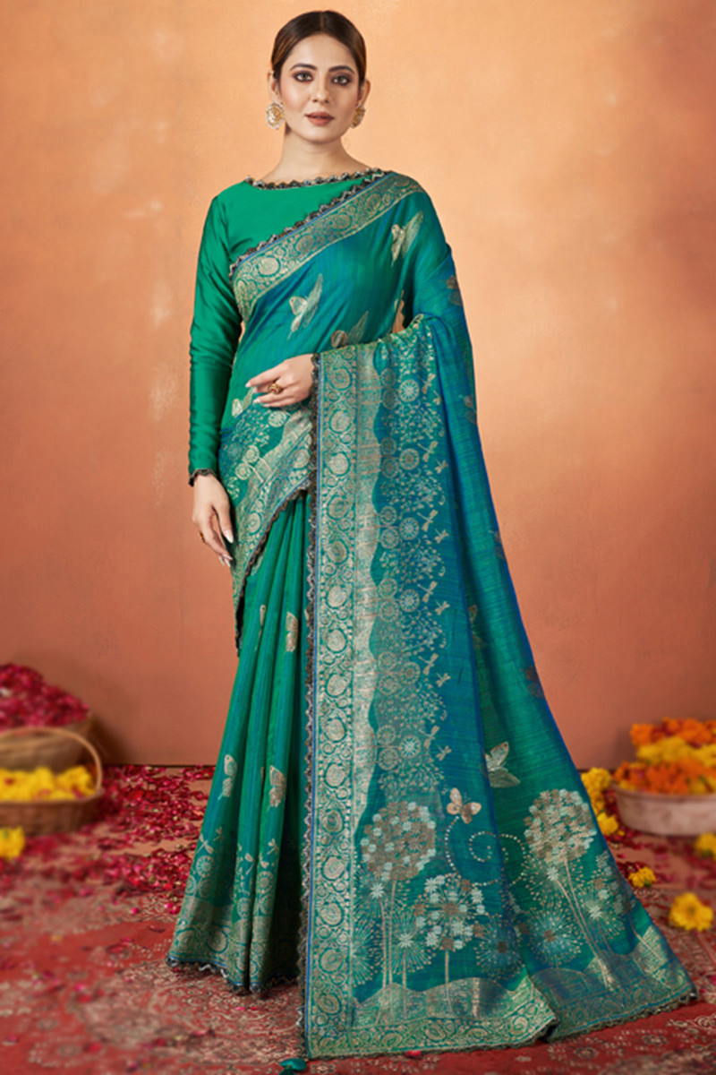 Green Blue Zari Zari Border Pure Silk Mark Certified Tussar Silk Saree –  Dailybuyys