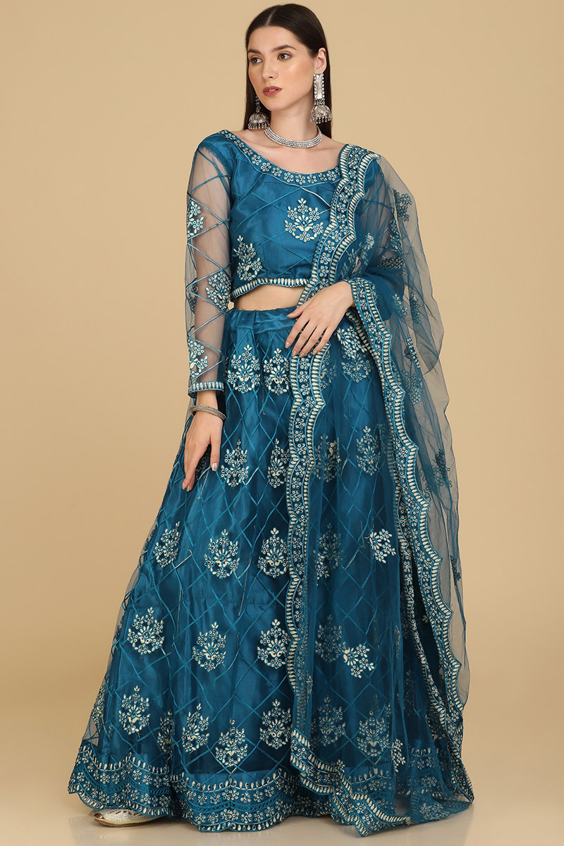 Teal Blue Stone Embellished Net Panelled Style Lehenga 