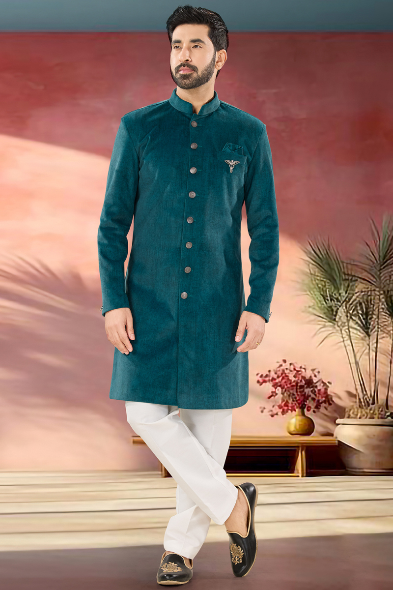 Teal Blue Suede Festive Wear Straight Cut Men's Sherwani 