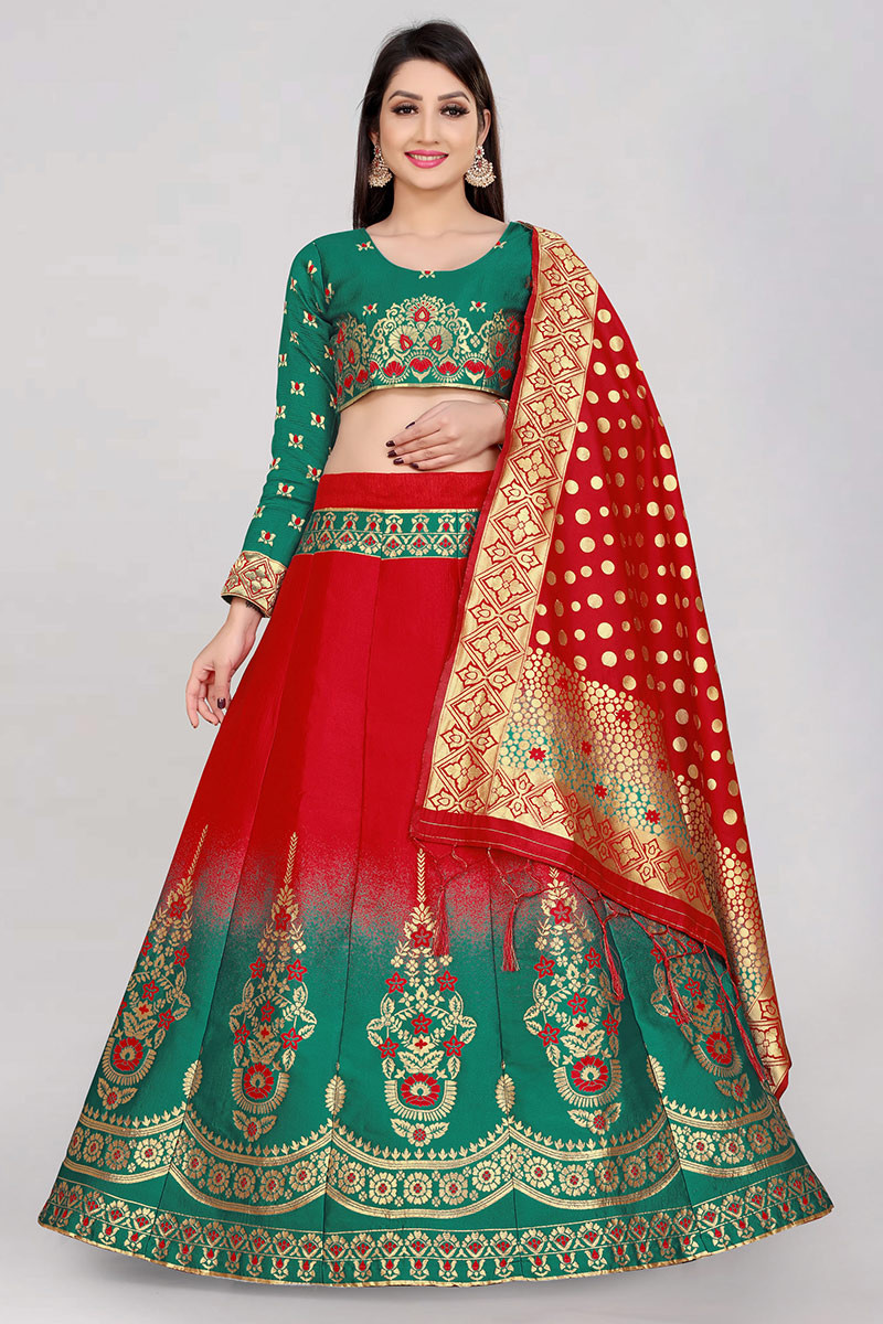 Party Wear Green & Red Stylish Banarasi Lehenga with Ready made Blouse  onlineshopping store in India - RJ Fashion