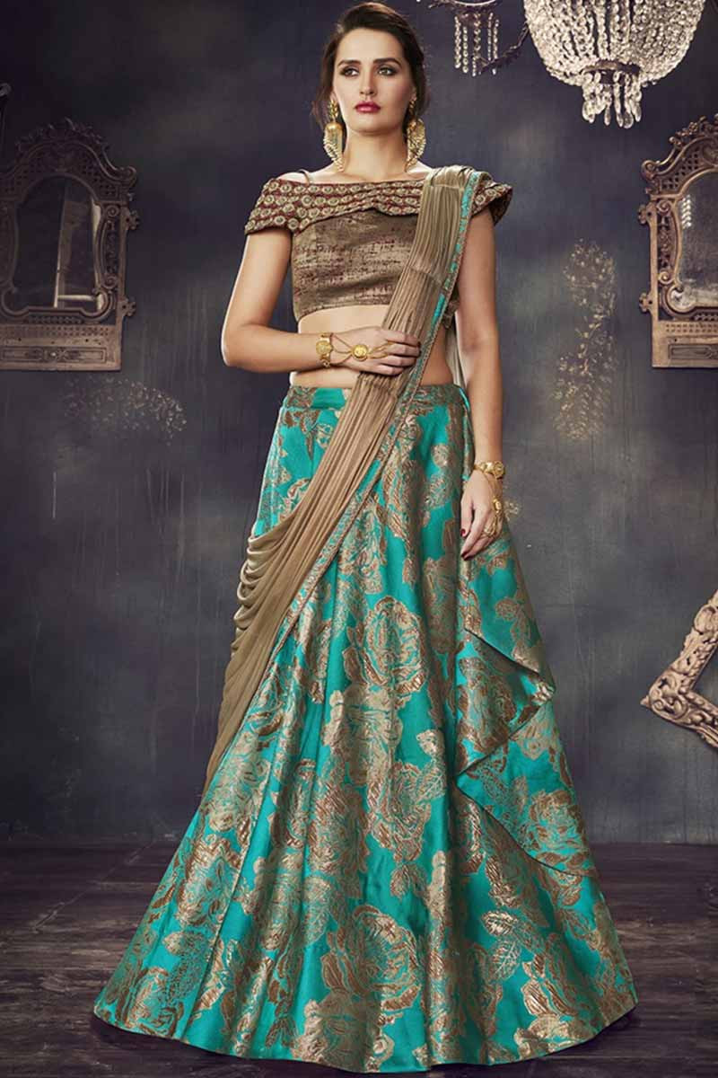 Wedding And Party Wear Turquoise Designer Lehenga Saree MS470945