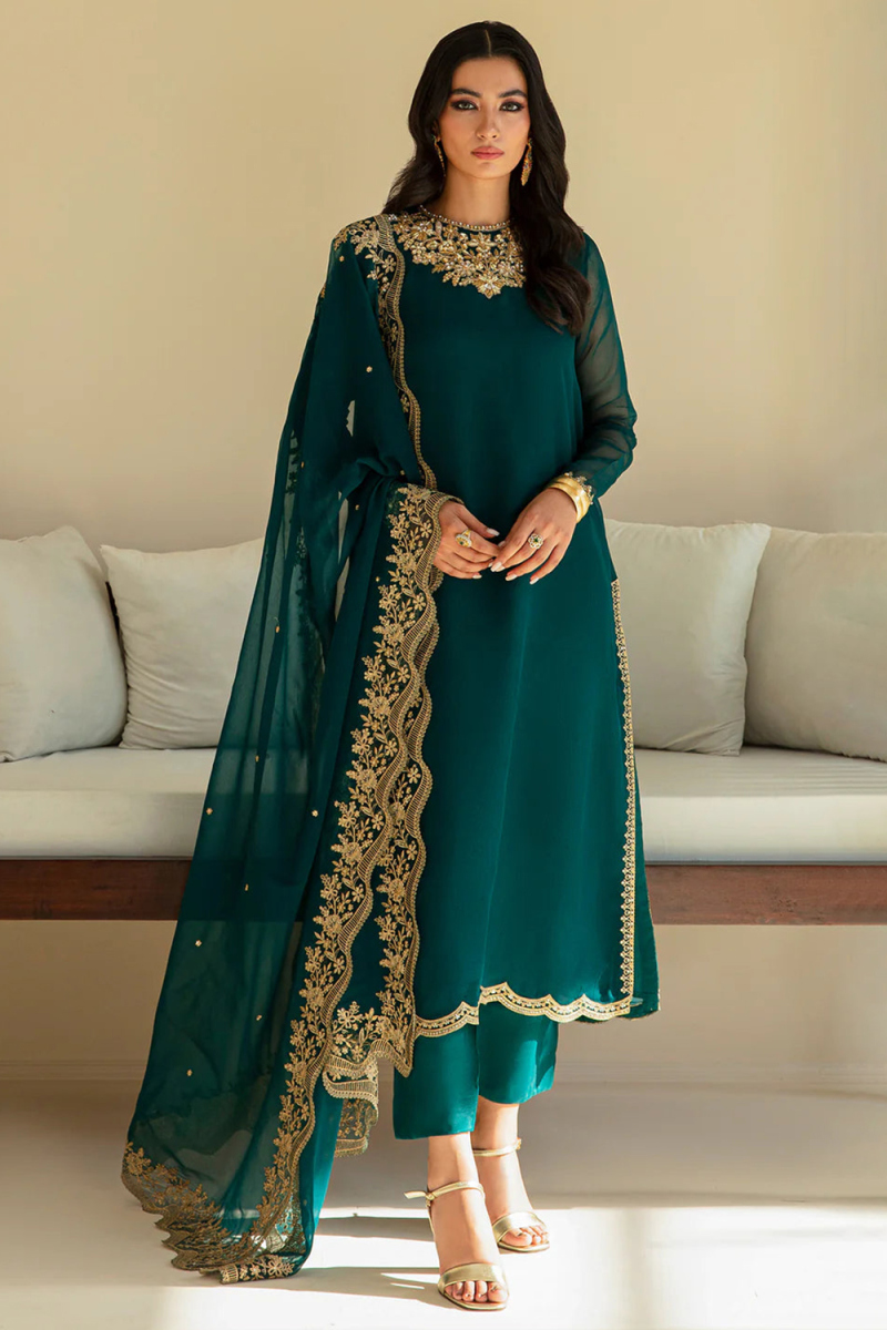 Teal Green Silk Trouser Suit with Zari Work for Mehndi