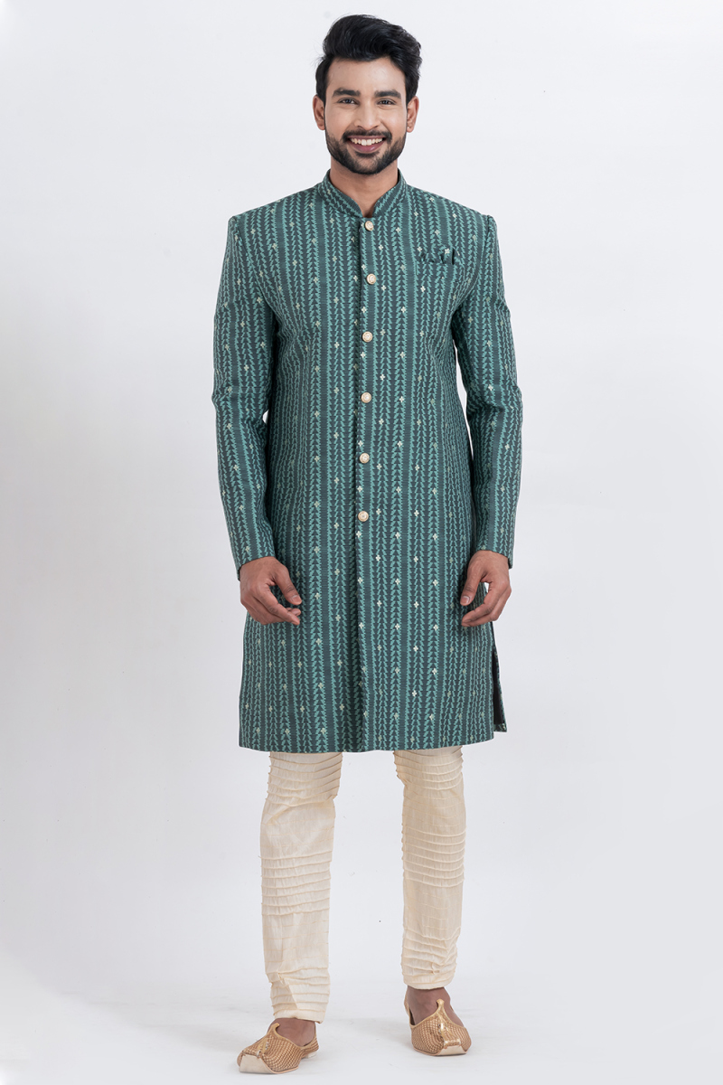 Teal Green Cotton Silk Men's Sherwani with Weaved Work for Wedding