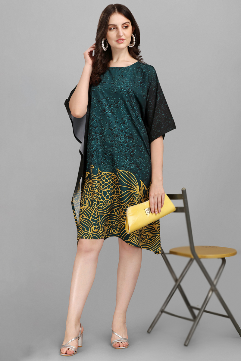 Teal Green Crepe Printed Indo Western Kaftan Kurti