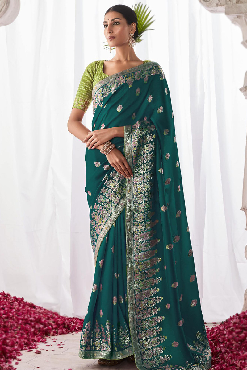 Teal Green Kora Silk Weaved Traditional Saree 