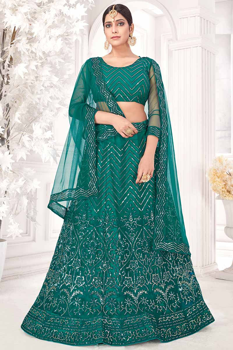 Teal Green Net A Line Wedding Wear Lehenga