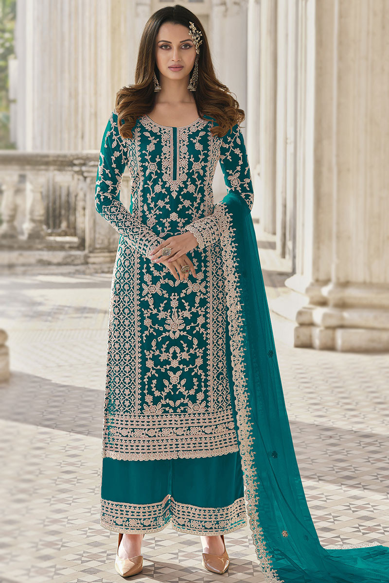 Popular Teal Green Embroidered Palazzo Suit LSTV122285