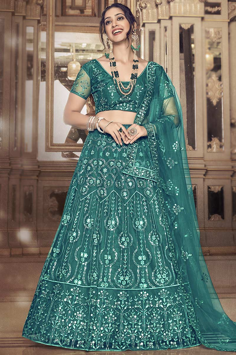 Teal Green Net Embroidered Party Wear Lehenga