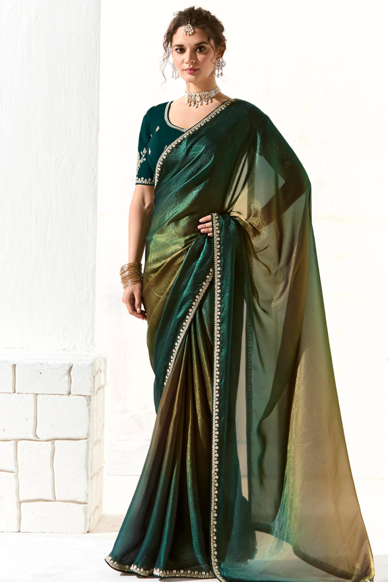 Teal Green Organza Saree With Sequins Work For Mehndi