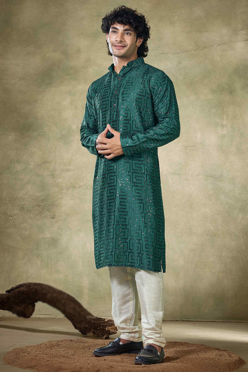 Teal Green Thread Viscose Embroidered Straight Cut Men's Kurta Pajama 