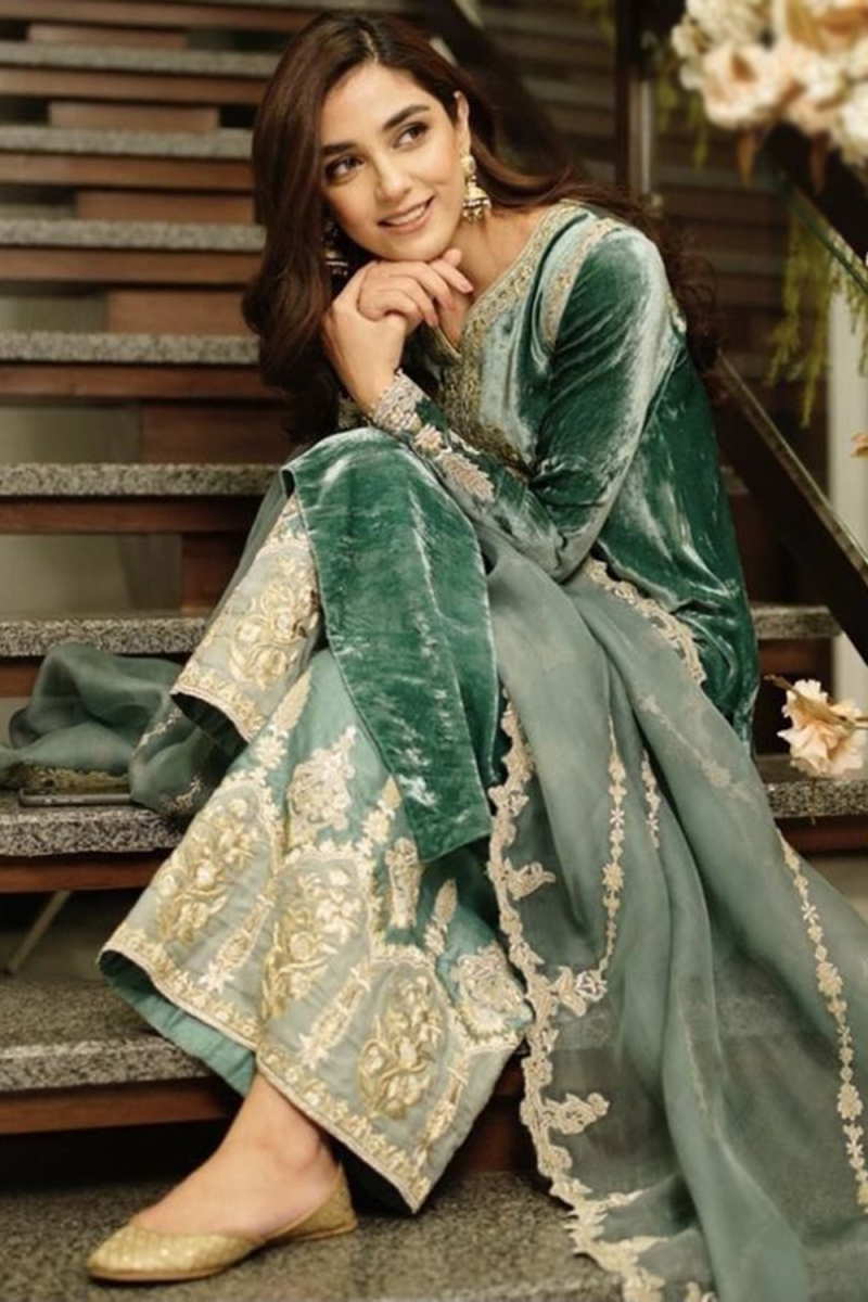 Deep Green Gold Embroidered Straight Cut Palazzo Suit