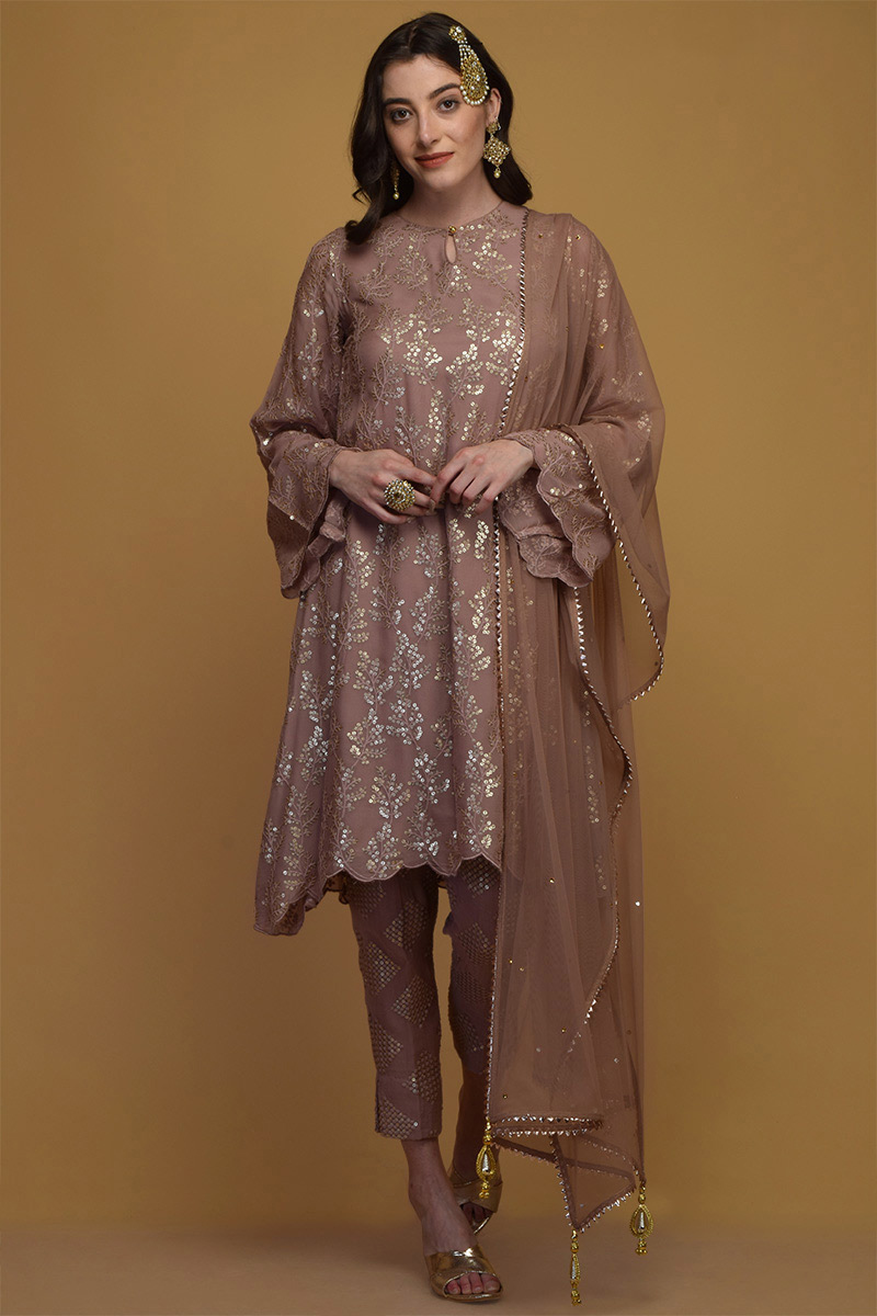 Thread And Sequins Embroidered Georgette Mauve Trouser Suit for Wedding & Party
