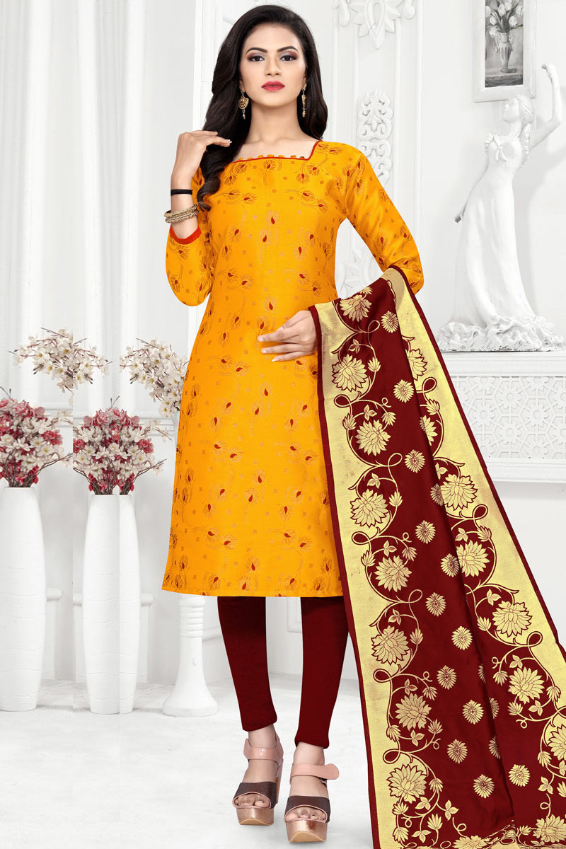 Brocade And Thread Embroidered Turmeric Yellow Churidar Suit LSTV08941