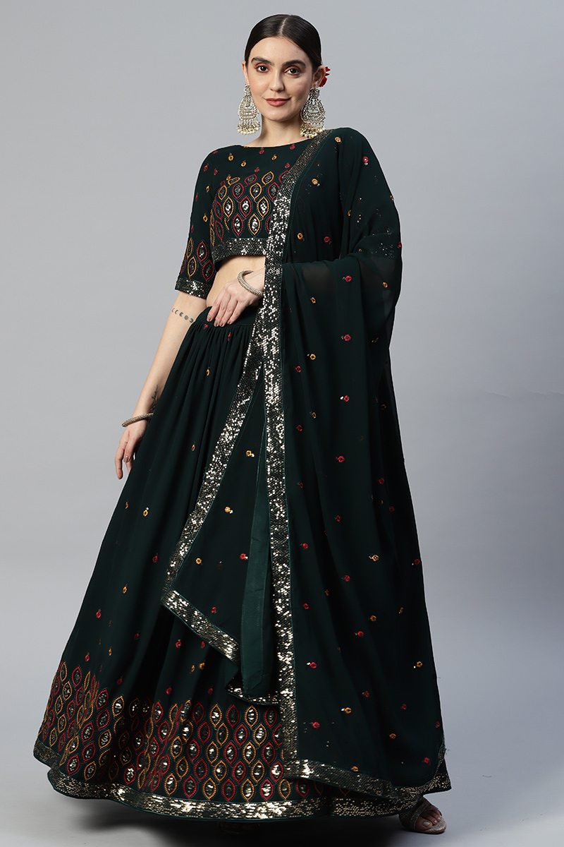 Thread Embroidered Georgette Dark Green Lehenga
