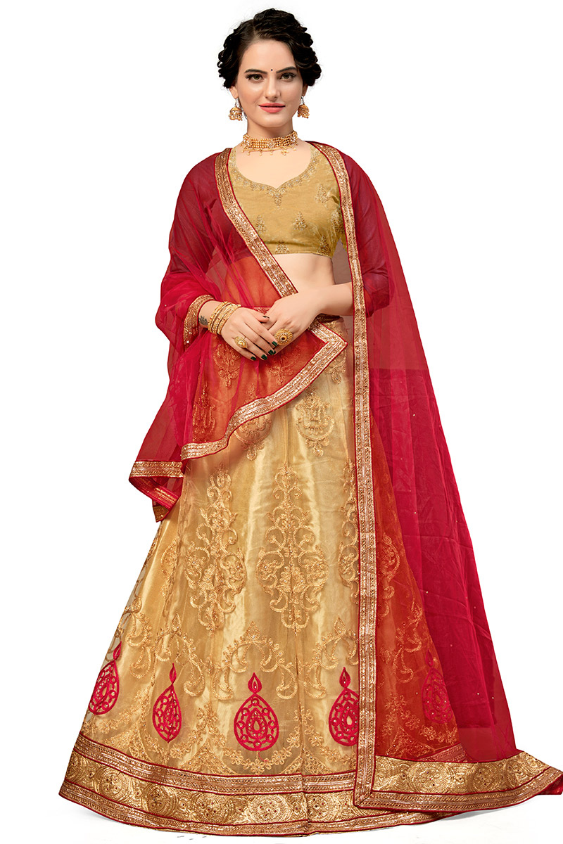 Thread Embroidered Net Dark Beige Lehenga