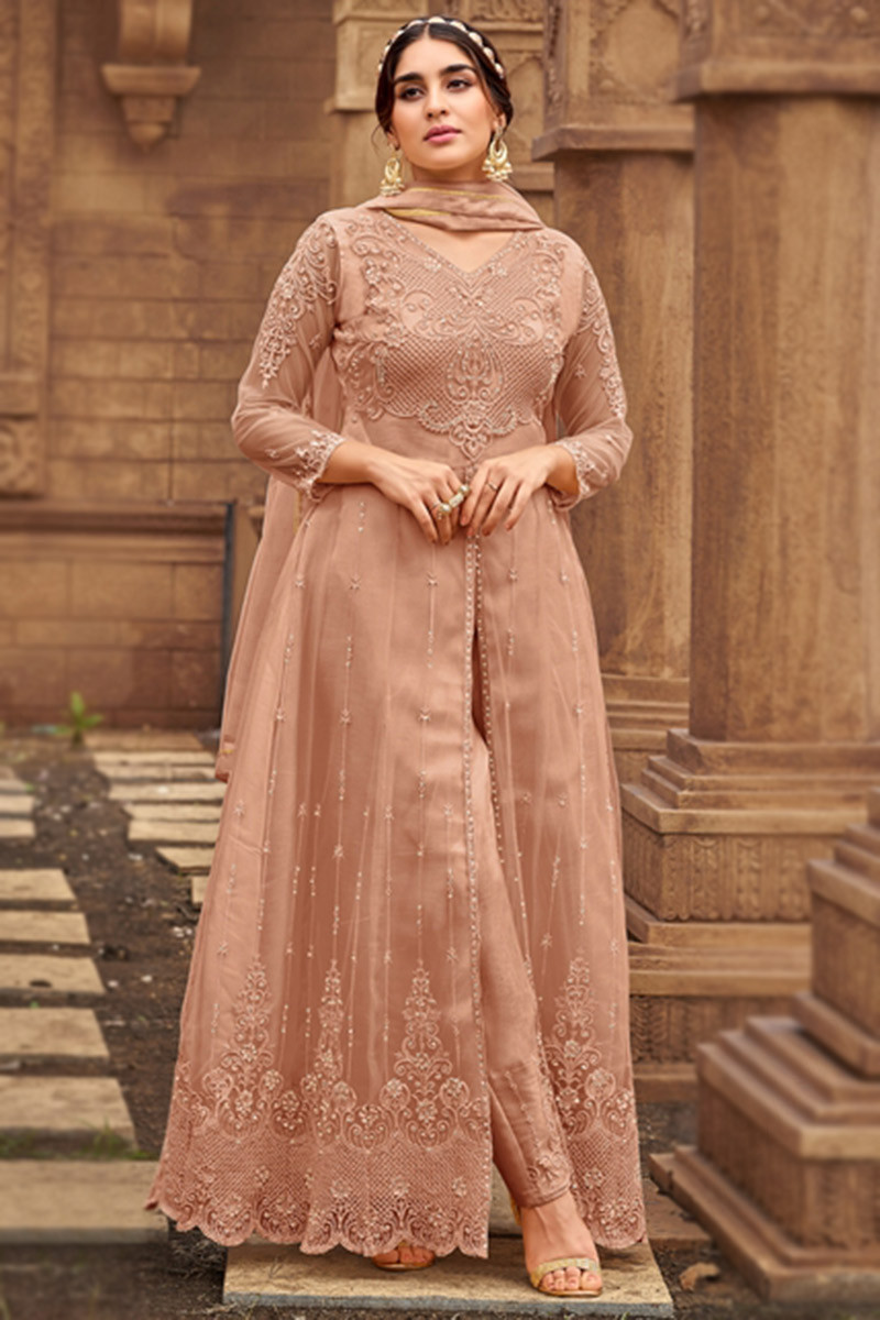 Thread Embroidered Net Dusty Peach Anarkali Suit