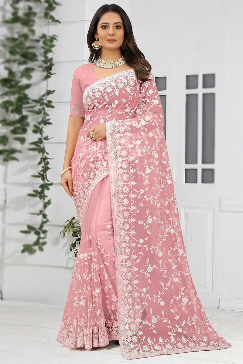 Thread Embroidered Net Pink Saree