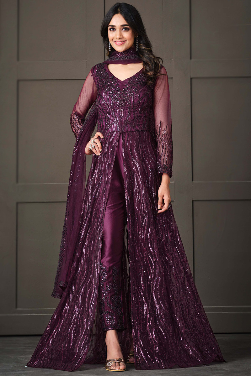 Purple Flared Suit With Heavy Embroidered Border 4093SL02