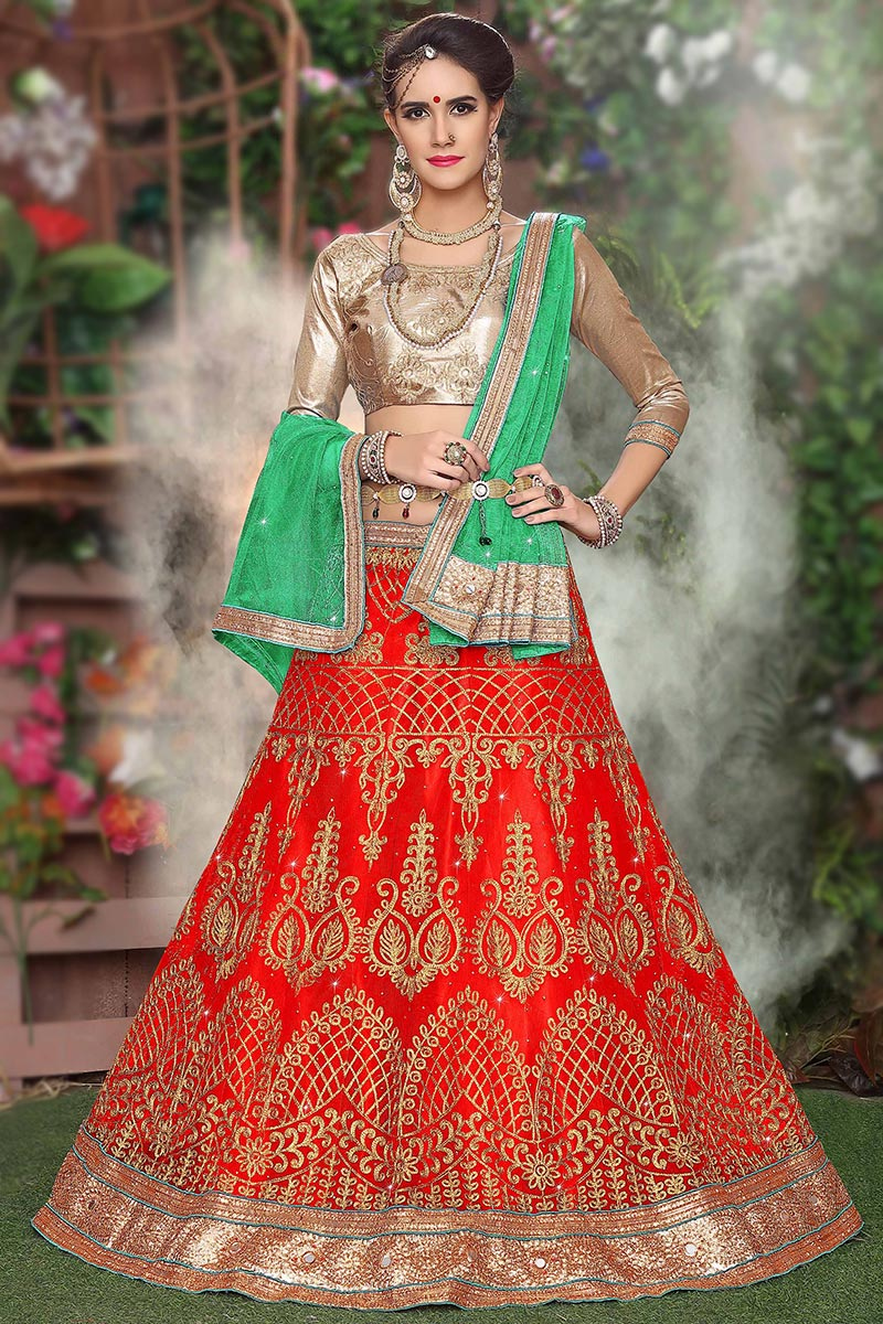 Thread Embroidered Net Red Lehenga