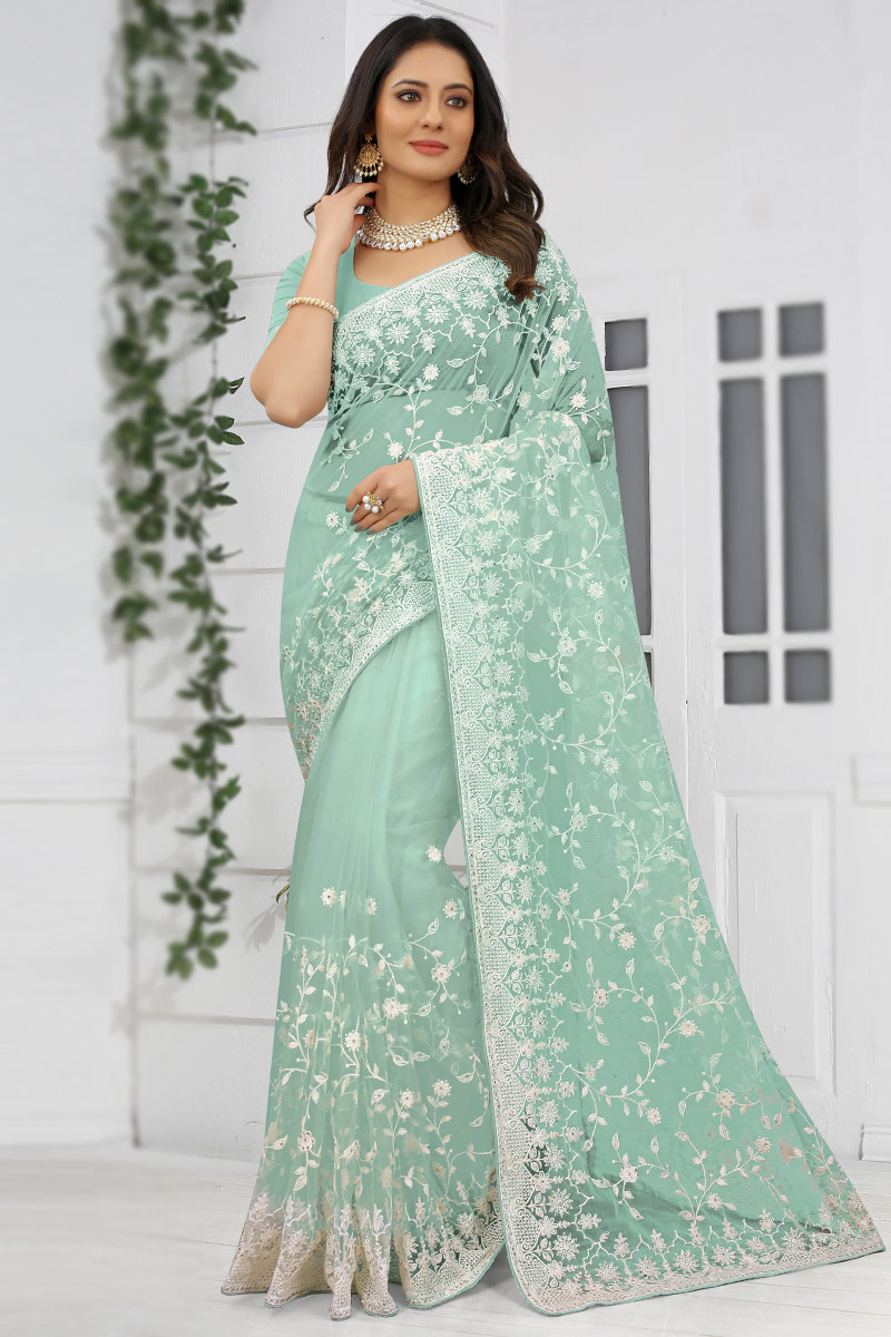 Thread Embroidered Net Seafoam Green Saree