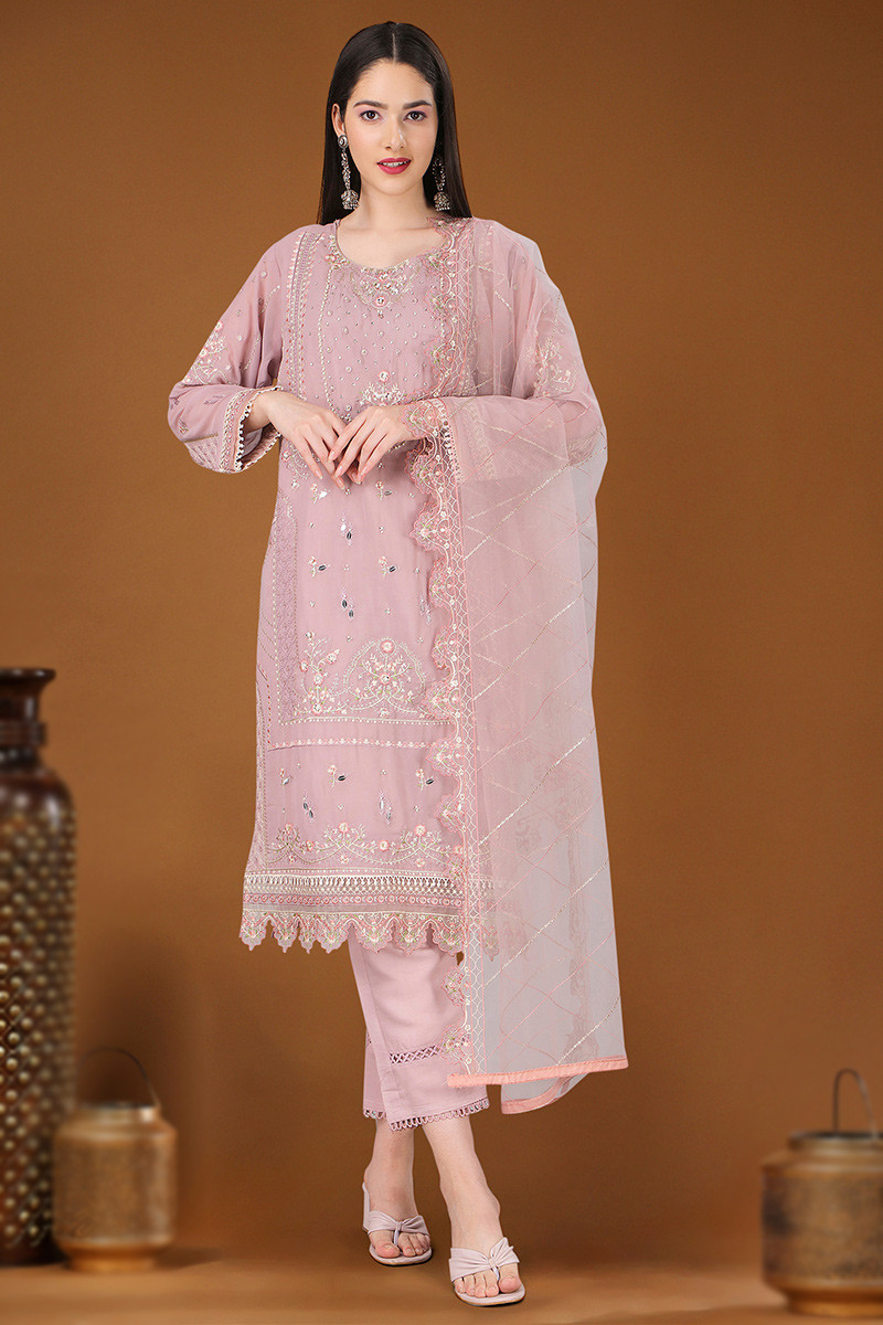 Thread Embroidered Pastel Pink Organza Trouser Suit LSTV125103