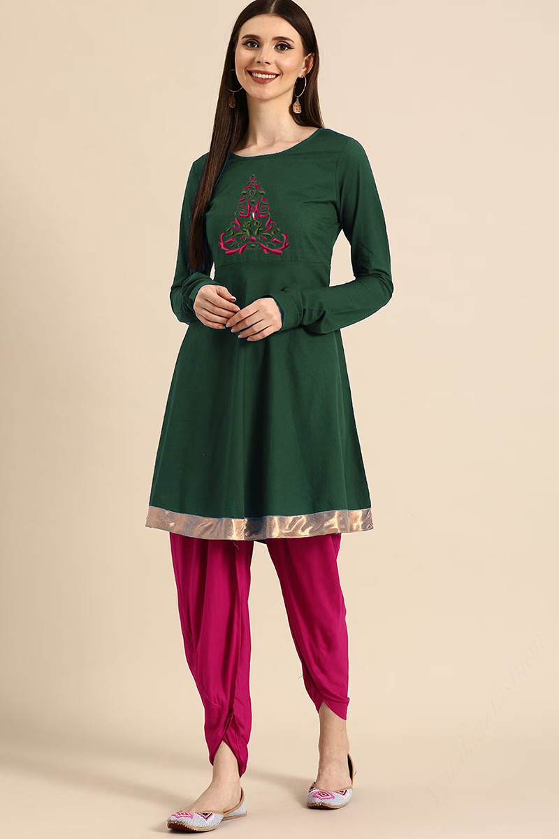 Thread Embroidered Rayon Dark Green Kurti