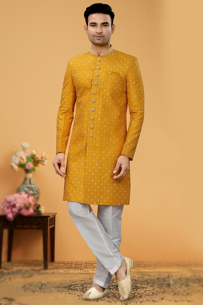Thread Work Embroidered Art Silk Mustard Yellow Men Sherwani