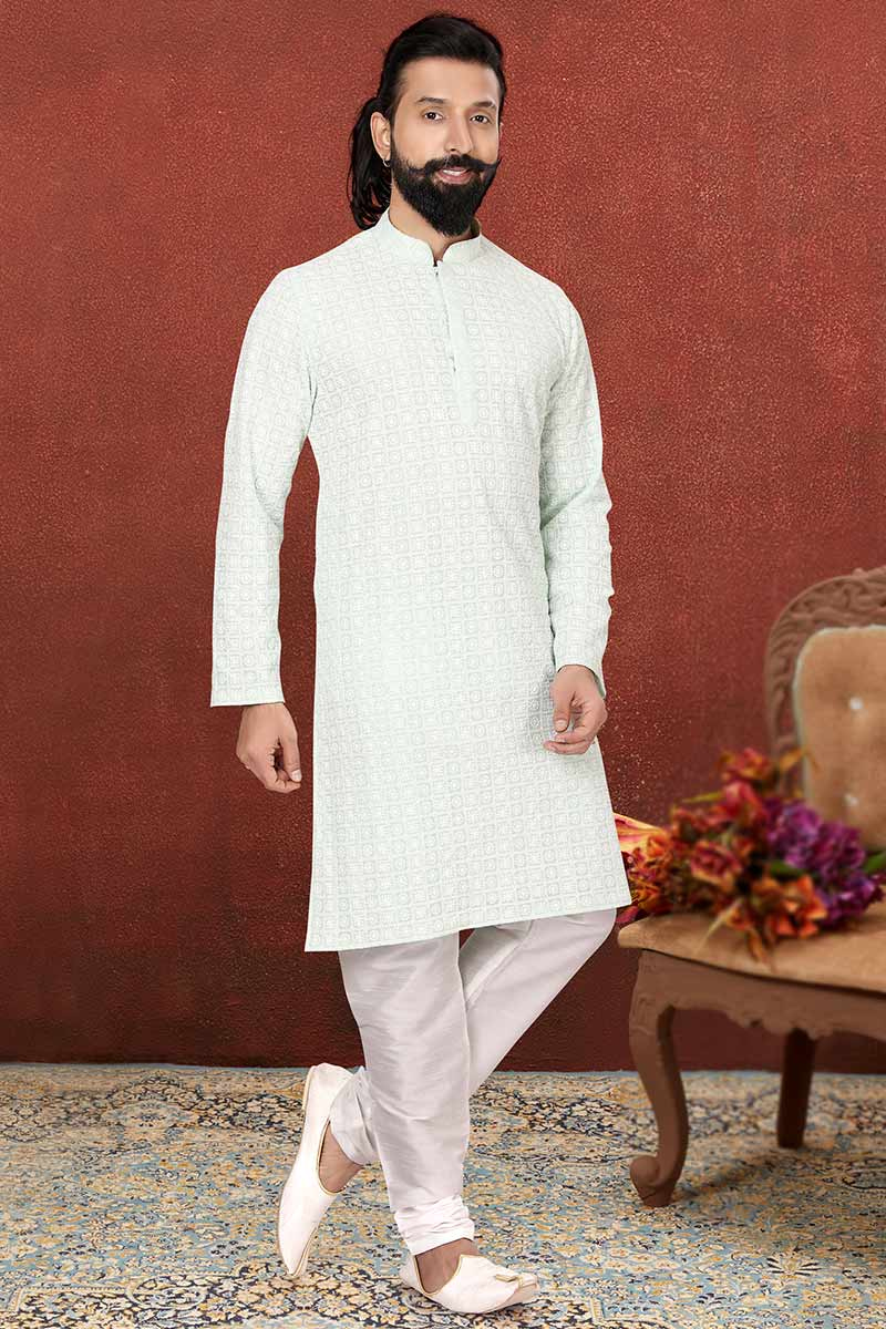 Thread Work Embroidered Cotton Light Grey Men Kurta Churidar