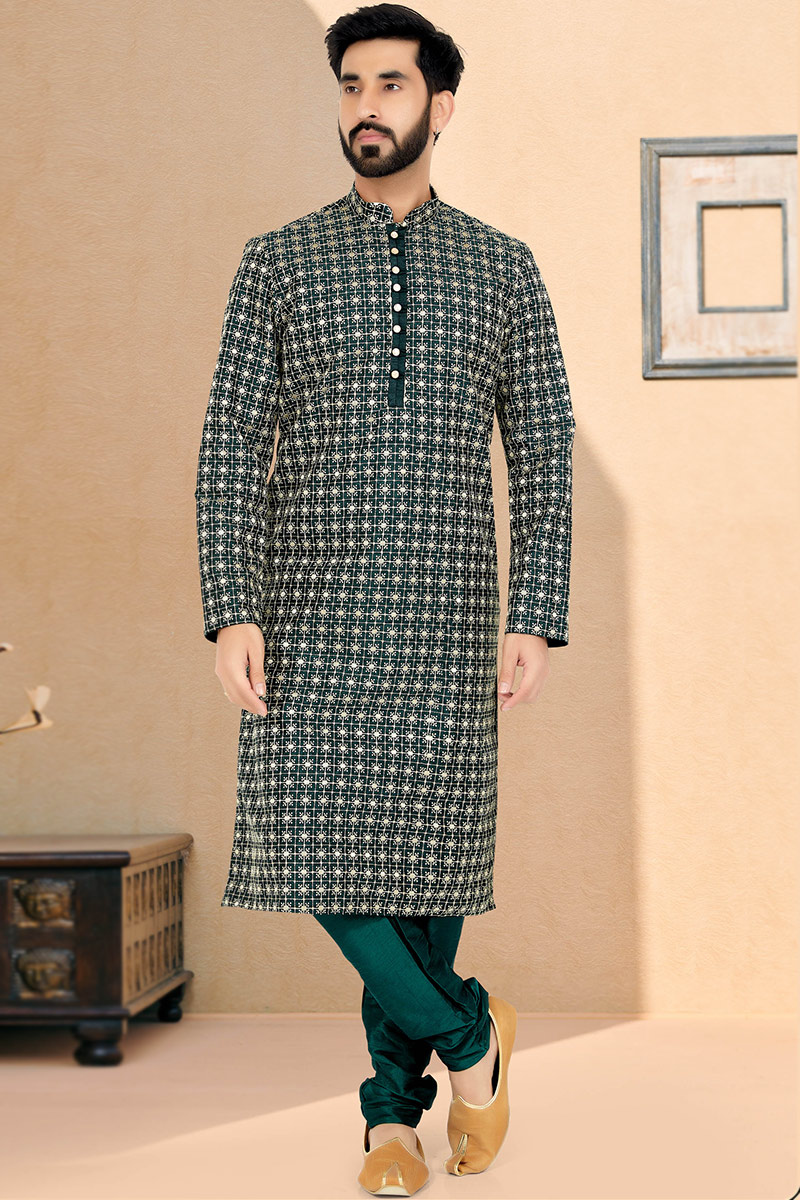 Thread Work Embroidered Cotton Silk Teal Green Men Kurta Churidar 