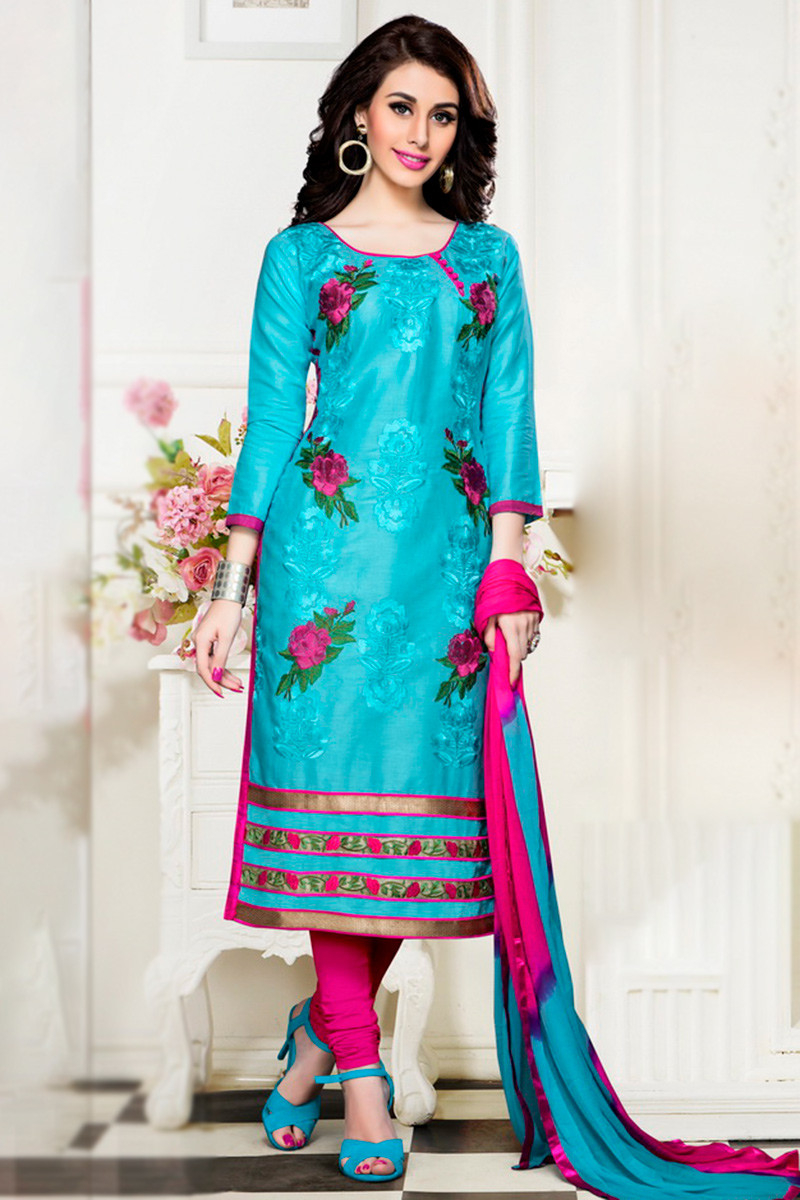 Thread Work Embroidered Cotton Sky Blue Churidar Suit