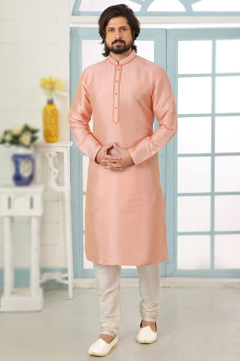 Thread Work Embroidered Dupion Silk Salmon Peach Men Kurta